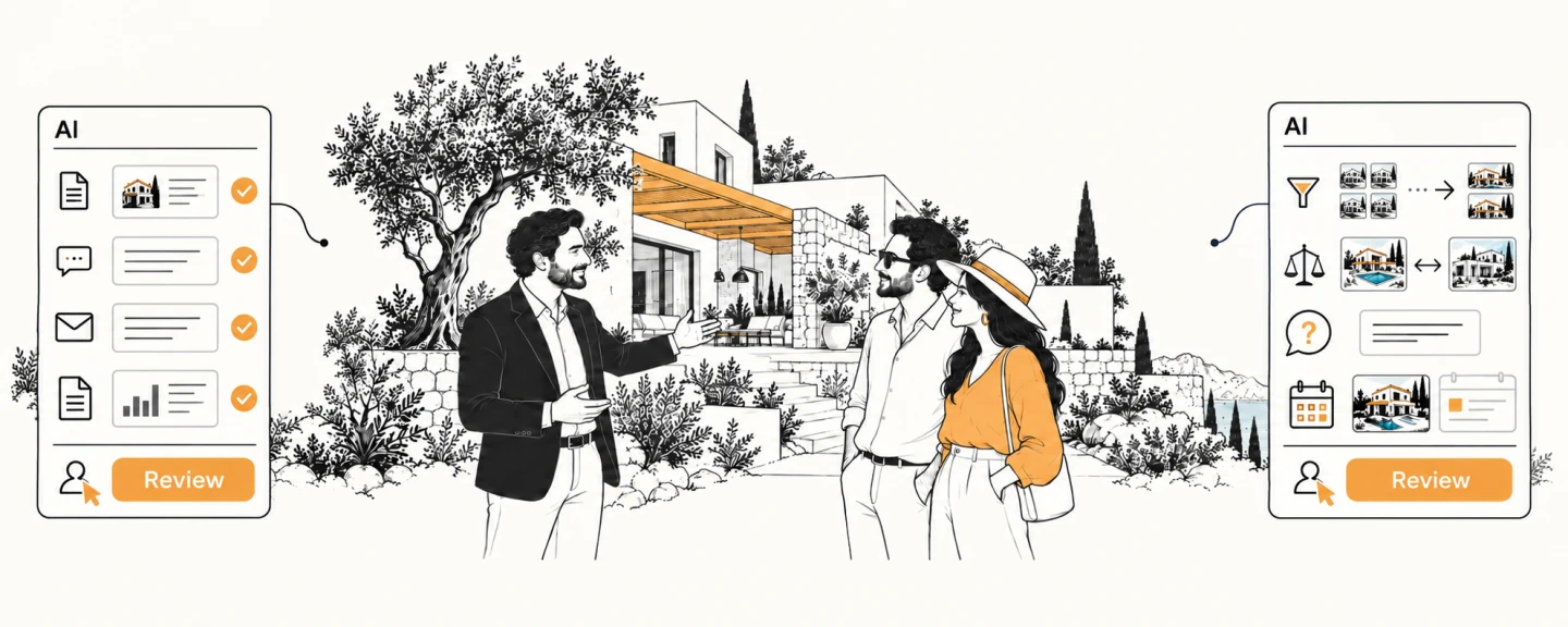 An estate agent and buyers meet beside a villa. AI assistants prepare agency tasks on the left and property-search suggestions on the right, each with a human review step.