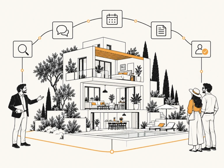 A shared real estate system connects clients and a professional through discovery, conversations, viewings, documents and human approval around one property.